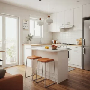 Dapur mungil minimalis ala Korea dengan furniture yang fungsional, seperti meja island dan kursi bar-kontraktor interior splusa.id