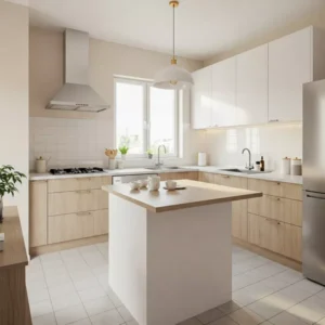 Dapur mungil minimalis ala Korea dengan pencahayaan yang baik, menggunakan lampu warm white dan pencahayaan alami-kontraktor interior splusa.id