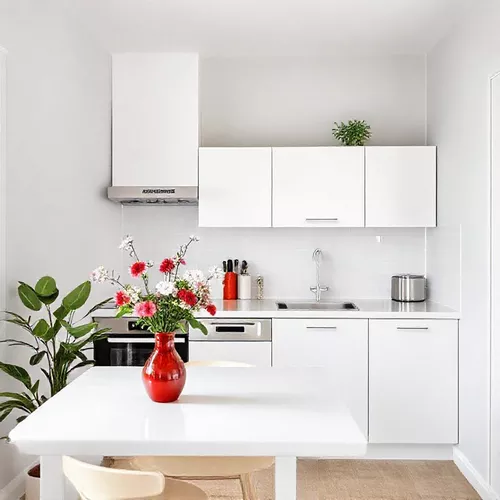 Dapur mungil minimalis dengan aksesori dapur berwarna dan tanaman hijau-kontraktor interior splusa.id Dapur mungil minimalis dengan aksesori dapur berwarna dan tanaman hijau-kontraktor interior splusa.id