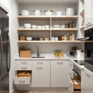 Dapur mungil minimalis dengan barang-barang yang tertata rapi-kontraktor interior splusa.id