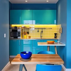 Dapur mungil minimalis dengan sentuhan warna-kontraktor interior splusa.id