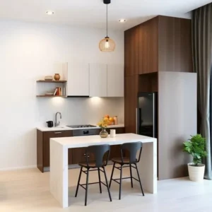 Dapur mungil minimalis elegan dengan meja marmer (interior splusa.id)