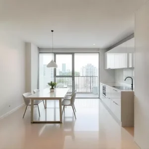 Dapur mungil minimalis terbuka yang menyatu dengan ruang makan, di apartemen di Jakarta-kontraktor interior splusa.id