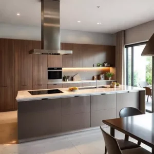 Dapur mungil modern dengan island multifungsi yang dilengkapi cooktop dan wastafel, ideal untuk ruang terbatas - interior splusa.id