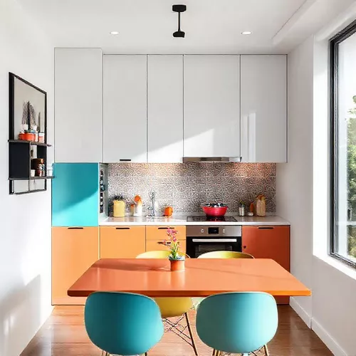 Dapur mungil modern dengan kitchen set warnawarni dan backsplash keramik bermotif, di rumah minimalis di Jakarta-kontraktor interior splusa.id Dapur mungil modern dengan kitchen set warnawarni dan backsplash keramik bermotif, di rumah minimalis di Jakarta-kontraktor interior splusa.id
