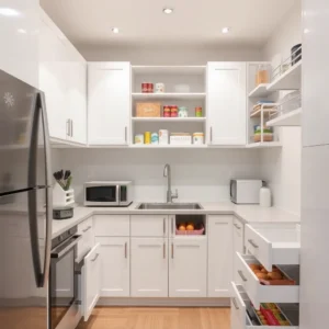 Dapur mungil yang sama dengan peralatan dapur dan bahan makanan yang tertata rapi di dalam lemari, laci, dan rak, terlihat lebih luas dan terorganisir-kontraktor interior splusa.id