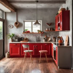 Focal point warna merah pada kitchen set di dapur mungil bohemian-kontraktor interior splusa.id