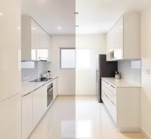 Foto sebelum dan sesudah transformasi dapur mungil minimalis di Jakarta 2