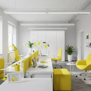 Kantor minimalis dengan aksen warna cerah-kontraktor interior splusa.id
