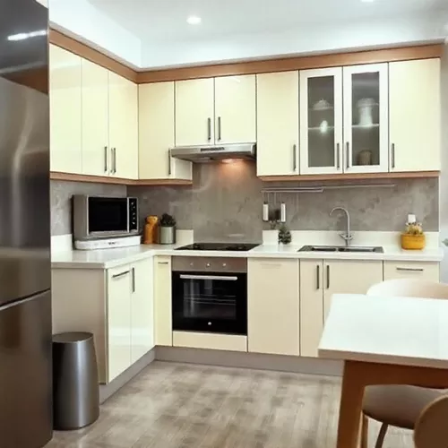 Kitchen set dengan pintu geser di dapur mungil minimalis-kontraktor interior splusa.id Kitchen set dengan pintu geser di dapur mungil minimalis-kontraktor interior splusa.id