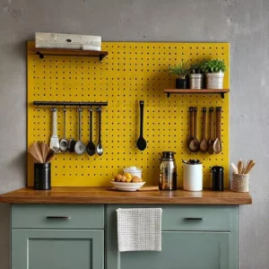 Papan berlubang (pegboard) di atas meja kerja di dapur mungil-kontraktor interior splusa.id