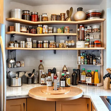 Rak sudut dan lazy susan di dapur mungil bentuk L-kontraktor interior splusa.id Rak sudut dan lazy susan di dapur mungil bentuk L-kontraktor interior splusa.id