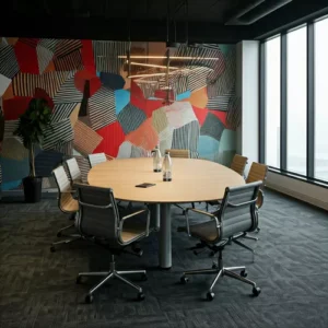 Ruang rapat dengan wallpaper bermotif abstrak-kontraktor interior kantor splusa.id