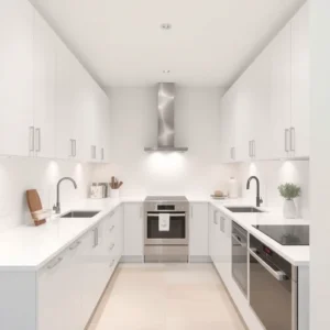 dapur mungil minimalis dengan Layout bentuk Galley (Lorong)-kontraktor interior splusa.id