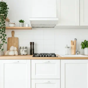 dapur mungil minimalis dengan peralatan dapur yang tertata rapi di rak dan laci-kontraktor interior Jakarta splusa.id