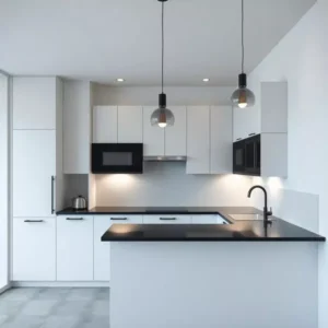 dapur mungil minimalis gaya modern minimalis dengan kitchen set berwarna hitam dan putih (interior splusa.id)