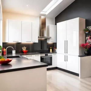 Dapur dengan kombinasi warna cerah dan aksen gelap-interior splusa.id