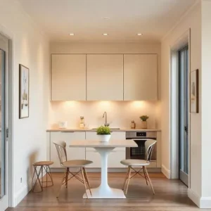 Dapur kecil berwarna krem dengan furnitur minimalis-interior splusa.id