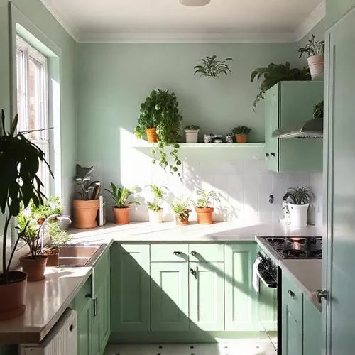 Dapur kecil dengan cat hijau mint dan tanaman hias-interior splusa.id Dapur kecil dengan cat hijau mint dan tanaman hias-interior splusa.id