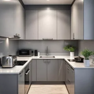 Dapur kecil dengan desain modern dan warna abu-abu-interior splusa.id
