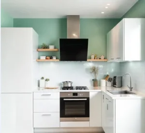 Dapur kecil dengan dinding mint dan kabinet putih-interior splusa.id