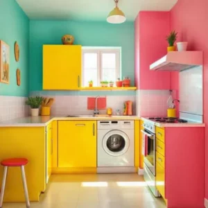 Dapur kecil dengan palet warna cerah yang menciptakan suasana segar-interior splusa.id