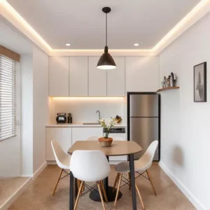Dapur kecil minimalis dengan warna abu-abu terang dan aksen logam modern-interior splusa.id