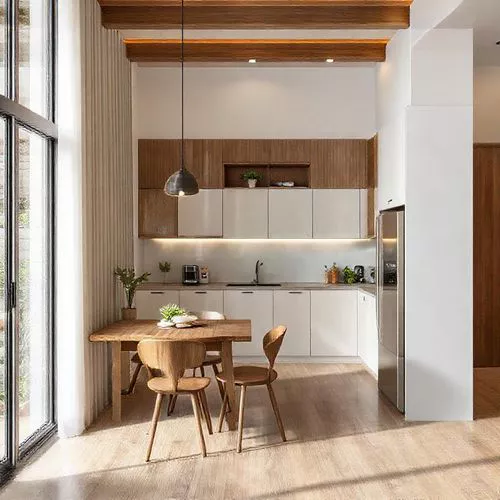 Dapur kecil modern dengan cat putih dan aksen kayu alami-interior splusa.id Dapur kecil modern dengan cat putih dan aksen kayu alami-interior splusa.id