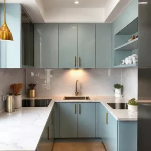 Dapur kecil modern elegan dengan warna biru tua-interior splusa.id