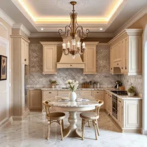 Dapur klasik dengan warna lembut krem dan putih gading, memberikan kesan tenang dan elegan-interior splusa.id