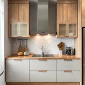 Dapur minimalis abu-abu elegan dengan elemen logam dan backsplash motif geometrik-interior splusa.id