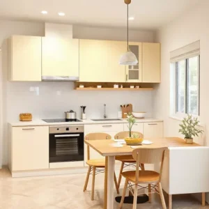 Dapur minimalis cerah dengan aksen kuning pastel dan perlengkapan dapur berwarna putih-interior splusa.id