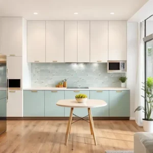 Dapur minimalis cerah dengan warna biru muda pastel dan aksen kayu-interior splusa.id