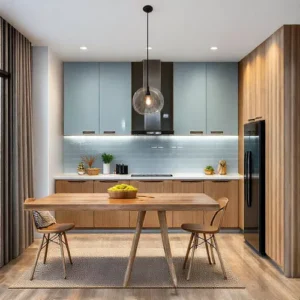 Dapur minimalis dengan aksen biru muda dan elemen kayu-interior splusa.id