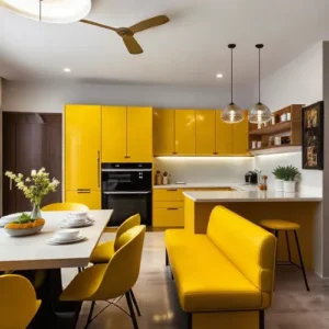 Dapur minimalis dengan aksen kuning cerah pada kursi bar dan perlengkapan dapur-interior splusa.id