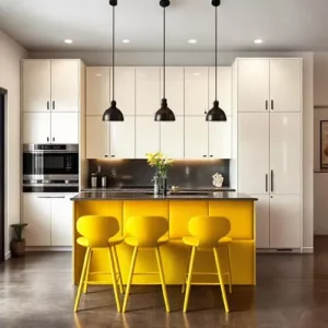 Dapur minimalis dengan aksen kuning cerah pada kursi dan peralatan dapur-interior splusa.id