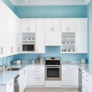 Dapur minimalis dengan warna biru langit dan aksen putih-interior splusa.id