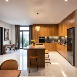 Dapur minimalis elegan berwarna abu-abu dengan aksen kuning mustard di Surabaya