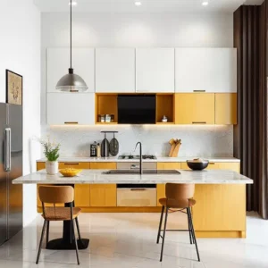 Dapur minimalis elegan berwarna abu-abu dengan countertop marmer putih dan aksen kuning mustard-interior splusa.id