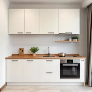 Dapur minimalis modern dengan warna putih dan aksen kayu-interior splusa.id