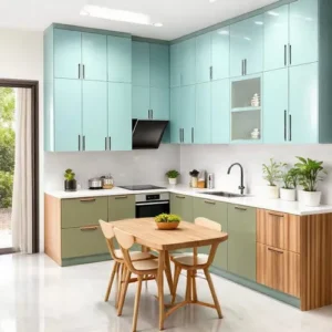 Dapur minimalis yang segar dan menenangkan dengan warna biru muda, dipadukan dengan kabinet putih dan aksen kayu-interior splusa.id
