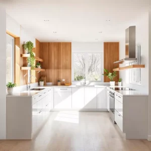 Dapur putih minimalis modern dengan aksen kayu jati, menciptakan suasana hangat dan alami-interior splusa.id
