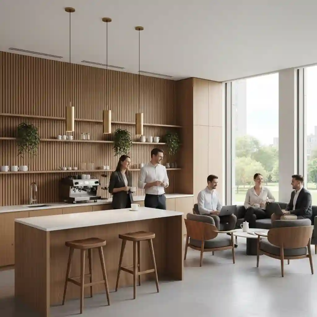 Desain pantry kantor modern yang nyaman karya jasa interior splusa.id Desain pantry kantor modern yang nyaman karya jasa interior splusa.id