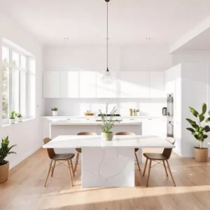 warna dapur rumah minimalis modern serba putih dengan aksen kayu terang