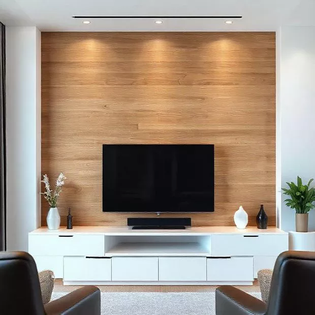 backdrop tv minimalis ruang keluarga dengan aksen kayu dan warna putih elegan backdrop tv minimalis ruang keluarga dengan aksen kayu dan warna putih elegan