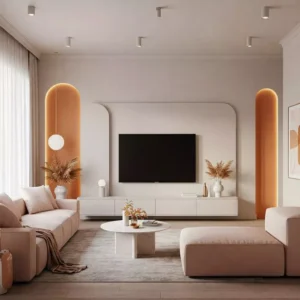 backdrop tv minimalis ruang keluarga dengan backdrop TV dan sofa warna pastel