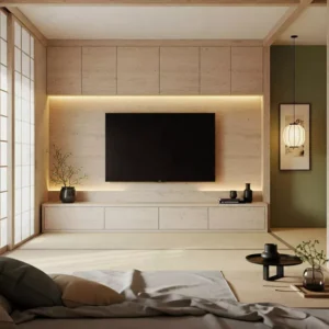 backdrop tv minimalis ruang keluarga dengan gaya Jepang