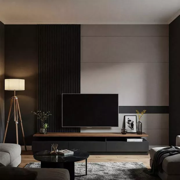 backdrop tv minimalis ruang keluarga dengan kombinasi warna hitam dan abu-abu yang kalem backdrop tv minimalis ruang keluarga dengan kombinasi warna hitam dan abu-abu yang kalem