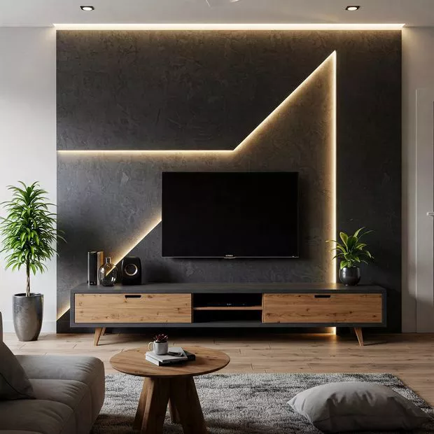 backdrop tv minimalis ruang keluarga dengan kombinasi warna hitam dan abu-abu backdrop tv minimalis ruang keluarga dengan kombinasi warna hitam dan abu-abu
