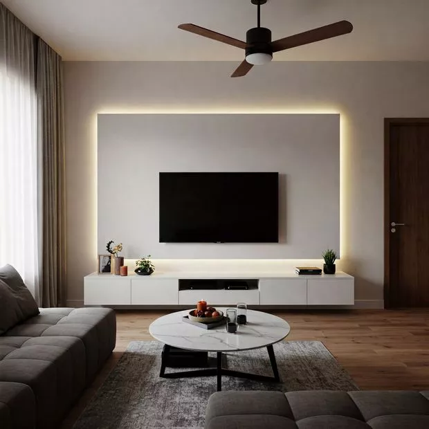 backdrop tv minimalis ruang keluarga dengan lampu LED tersembunyi di ruang keluarga backdrop tv minimalis ruang keluarga dengan lampu LED tersembunyi di ruang keluarga